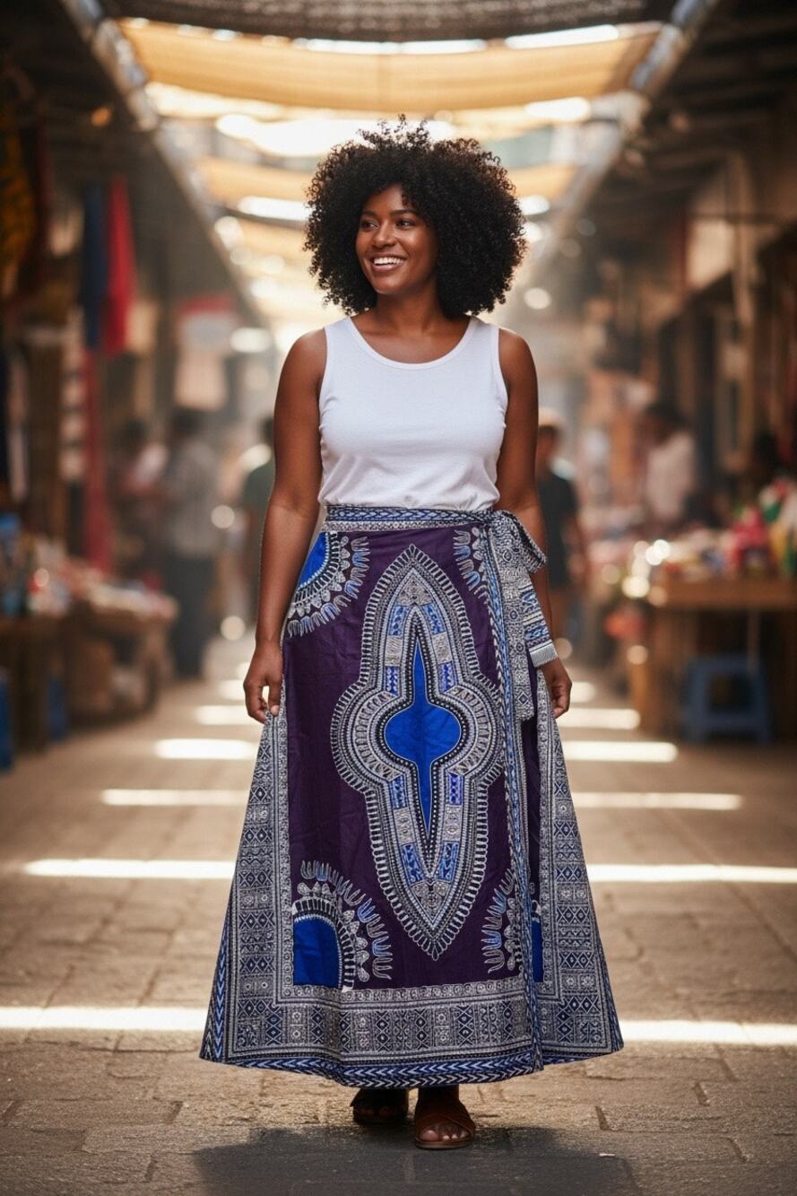 KaraChic NWT African Dashiki Wrap Maxi Skirt OS Cotton Purple Blue Boho